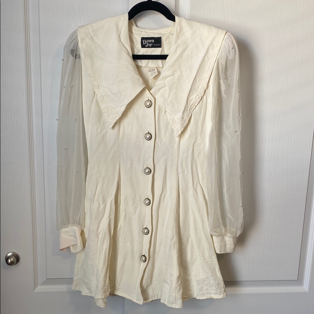 Vintage Linen Mini Dress with Sheer Sleeves & Lace Collar
